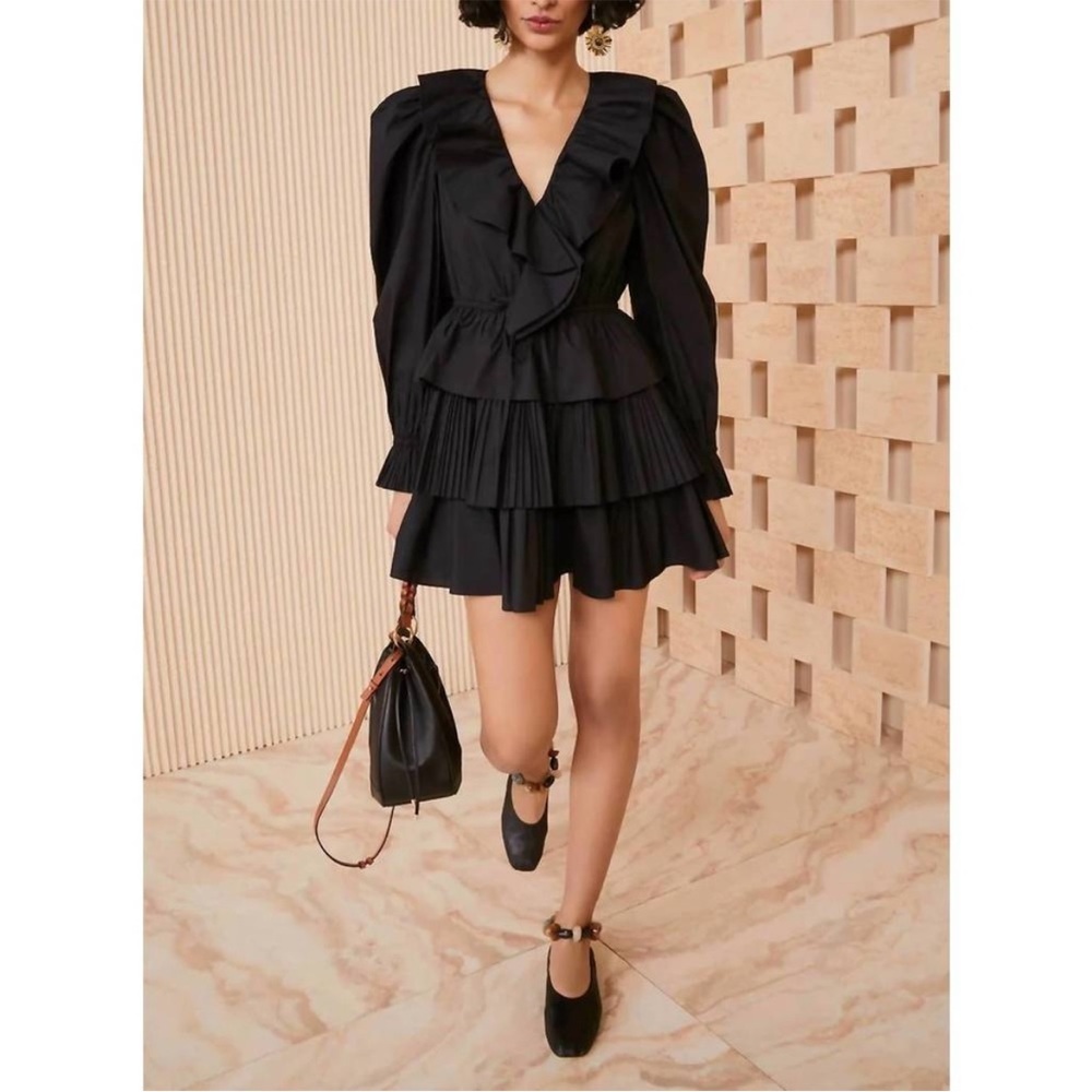 NEW Ulla Johnson Lola Mini Tiered Ruffle Dress in Noir Black Size 8